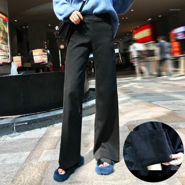

woman 2020 winter velvet jean femme plus size 5xl jeans high waist wide leg denim pants ladies clothes pant lwl6661, Blue