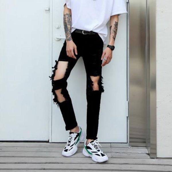 

men's jeans spring/summer european-american beggar pants ripped pants men's slim skintight slacks hip-hop punk black hole1, Blue