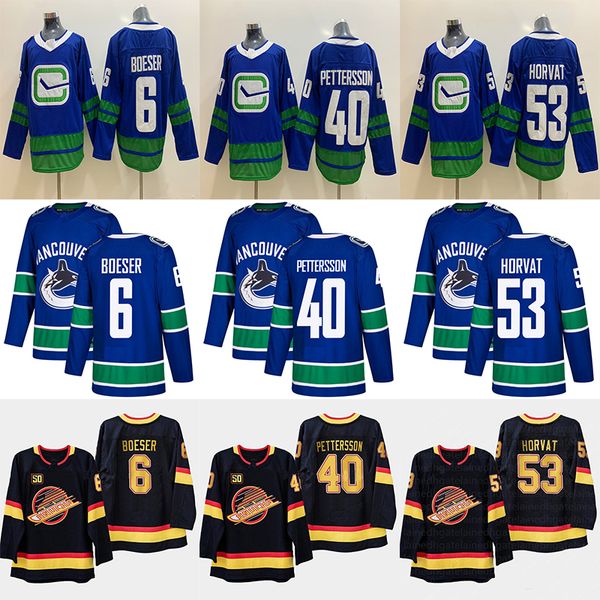 

vancouver canucks 40 elias pettersson 6 brock boeser 53 bo horvat 33 henrik sedin 22 daniel sedin hockey jersey, Black;red
