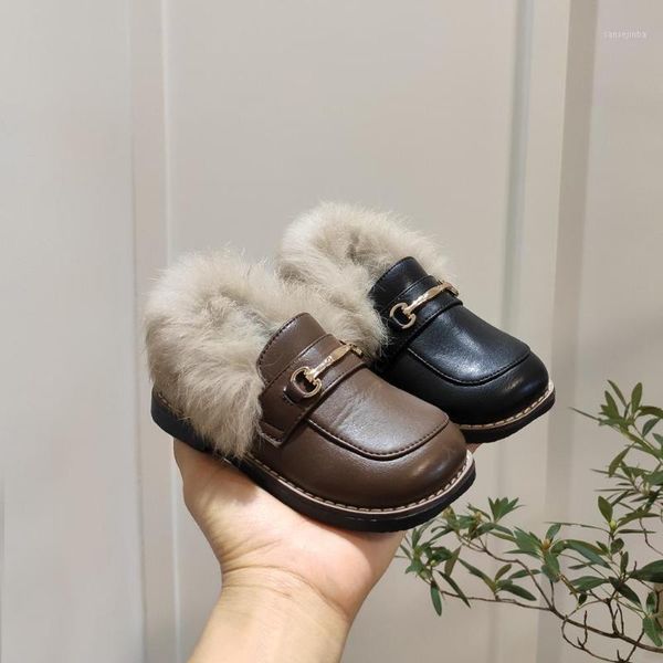 

2020 winter new girls fur warm children' metal buckle british style plus velvet small leather shoes1, Black;grey