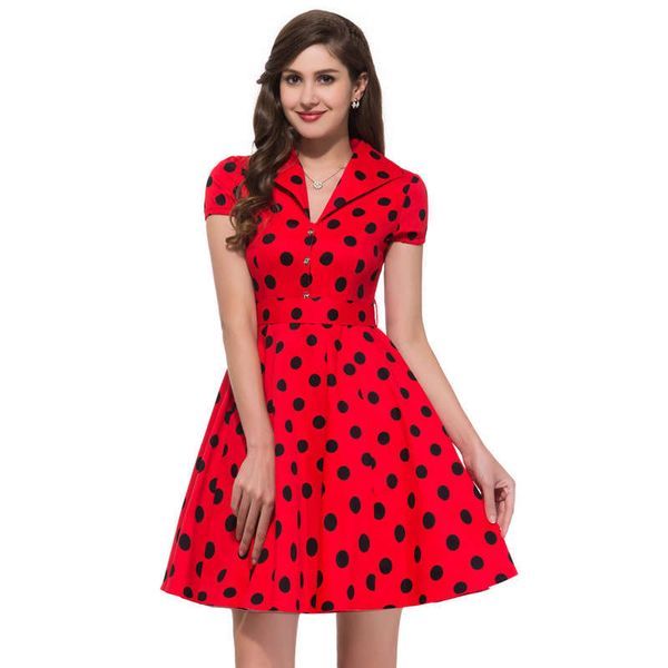 

2020 hepburn a-line skirt v-neck wave point short sleeve swing dress, Black;gray