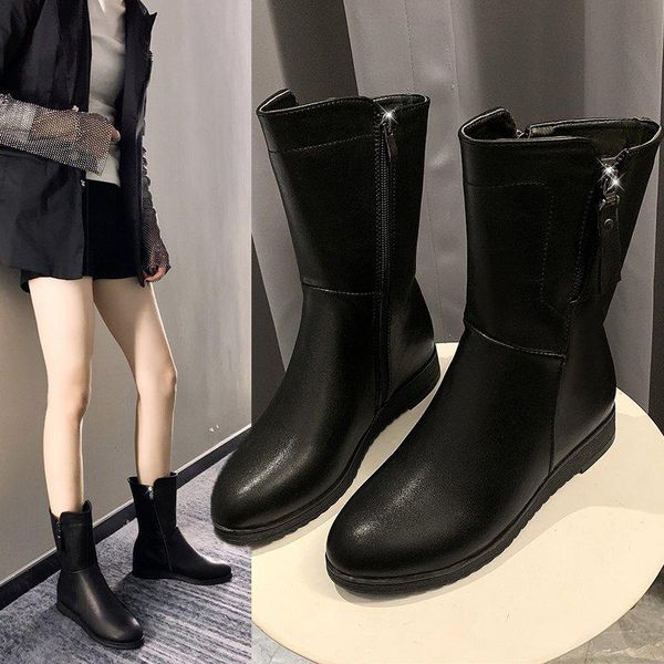

boots woman flat boots-women round toe thigh high heels shoes winter footwear low 2021 rubber women's, Black