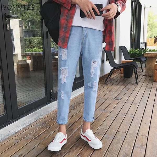 

men jeans blue ripped holes ankle-length leisure korean chic loose vintage students hip-hop streetwear ins retro new simple bf1