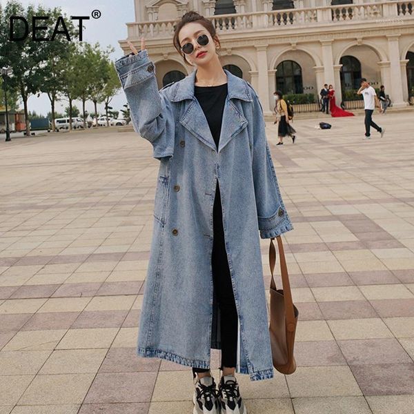 

deat] denim coat women washed light blut loose double button lacing high street full sleeve trench wild 2020 new autumn tu1801, Tan;black