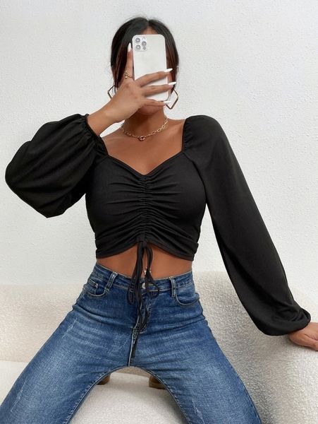 

lantern sleeve drawstring front sweetheart neck crop l9zf#, White