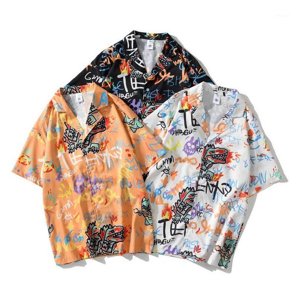 

korean style men cartoon print short sleeve shirt 2020 summer new mens and women loose western shirts blouse vintage mannen 1, White;black