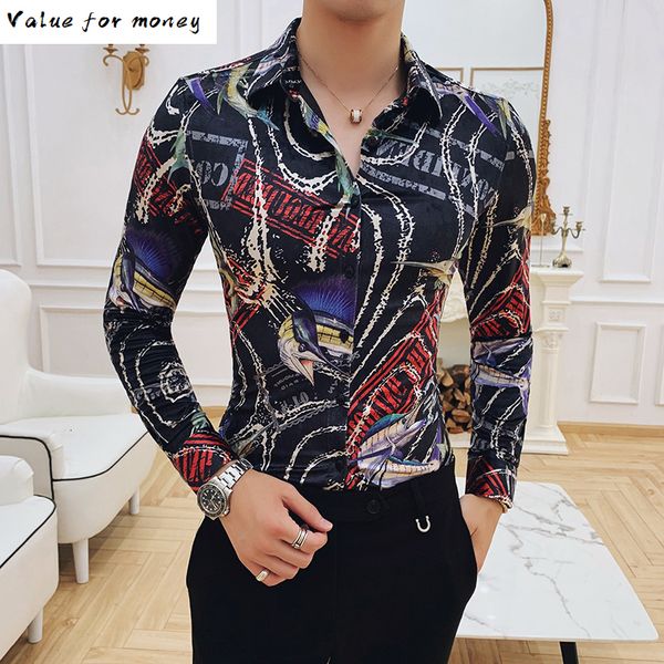 

2020 velvet winter keep warm personality printing long sleeve shirt vetement homme flower shirt men formal shirts for men c1212, White;black