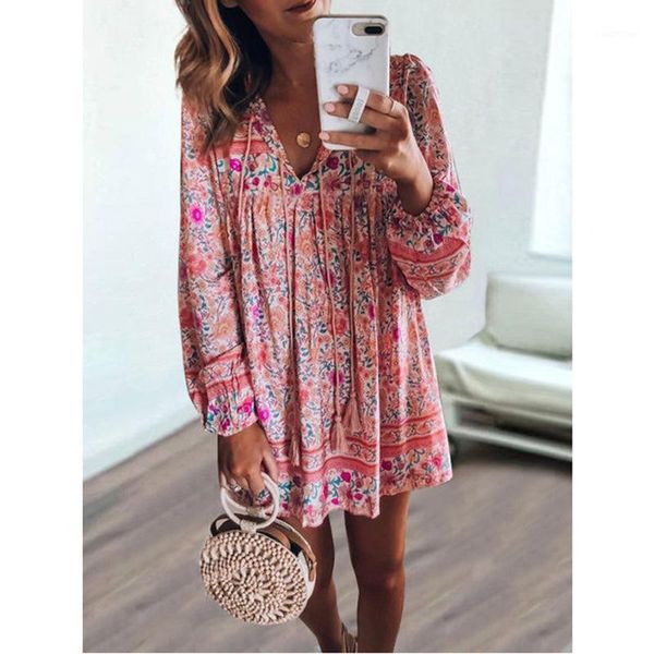 

pink beach boho tunic mini dresses women 2020 cotton printed vintage autumn dress vestidos long sleeve short robe1, Black;gray