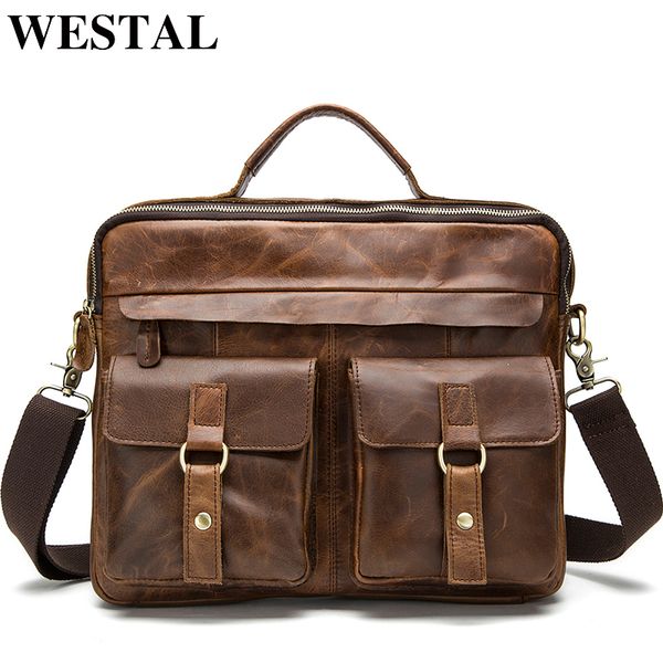 

westal men's briefcases men's bag genuine leather office bags for men messenger leather lapbag 14 business briefcases bags