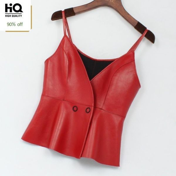 

2020 fashion black red solid genuine leather real lambskin sleeveless vest women leather waistcoats ruffles short outwear1, Black;white