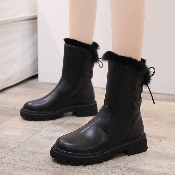 

rimocy faux fur pu leather ankle boots for women 2021 casual lace up thick heel platform boots woman waterproof winter shoes, Black