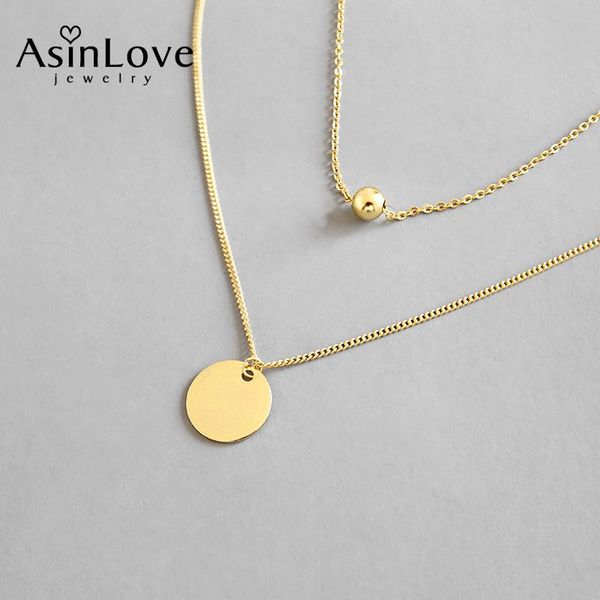 

asinlove 100% 925 sterling silver bead pendant round medal double layer collarbone necklace 18k gold fine jewelry for women gift