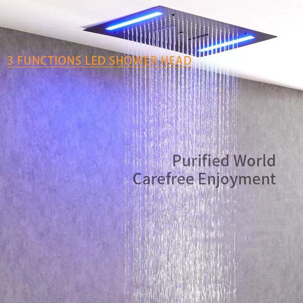 

new design shower head rainfall waterfall water column embedded ceiling 3 functions concealed mounted led lighting shower