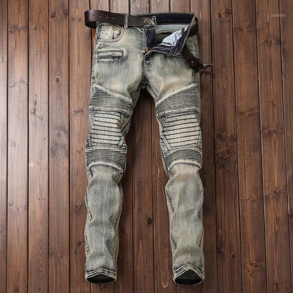 

men's jeans men's retro blue stitching crumpled 2021 stretch motorcycle autumn winter vintage biker hip hop streetwear1