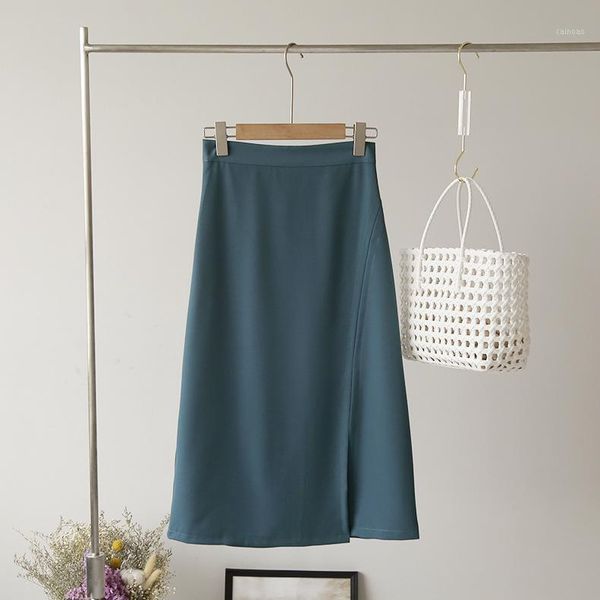 

a-line women skirt autumn side slit high waist mid-length solid color casual simple fashion women's skirts1, Black
