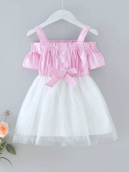 

toddler girls striped cold shoulder bow front mesh hem dress she, Red;yellow