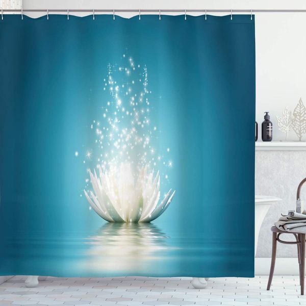 

lotus shower curtain by magic flower pattern with water design print fabric bathroom decor set with hooks 75 inches long petrol