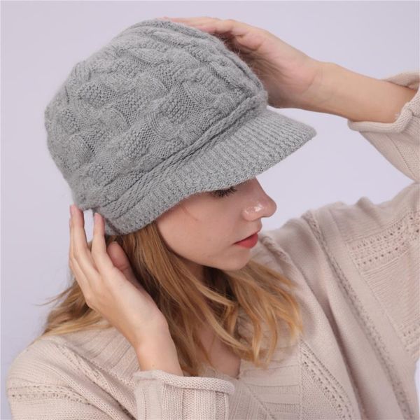 

stingy brim hats solid color plus velvet warm wool 8 word twist hat autumn and winter women's knitted cap, Blue;gray
