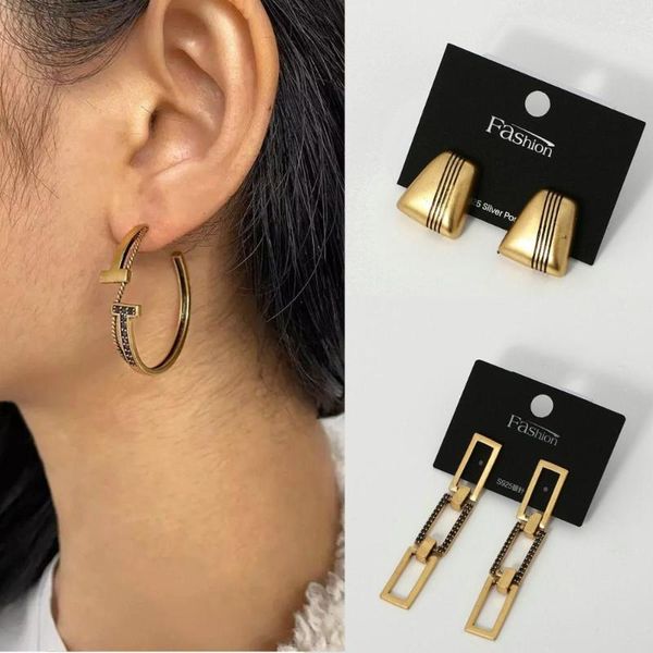 

stud elegant vintage cooper zircon ancient gold earrings for women lock geometric design jewelry accessories, Golden;silver