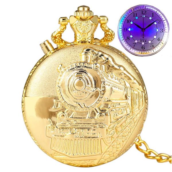 

noctilucent led flash quartz pocket watch unique bronze/silver/gold train locomotive engine fob luminous chain hour luxury clock q wmtsxi, Slivery;golden