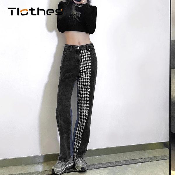 

streetwear high waist denim pants women slim fashion patchwork hip hop jeans straight pants long trousers cargo women, Blue