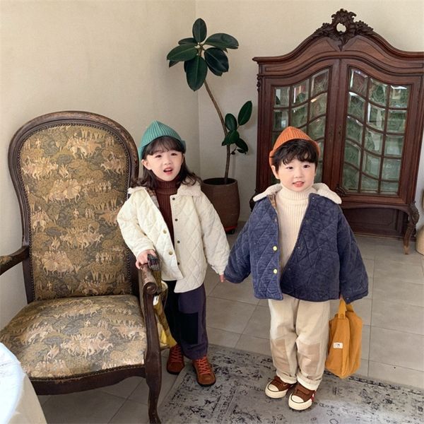 

winter boys girls corduroy reversible warm jackets kids children quilted plaid thick coats outwears 201216, Blue;gray