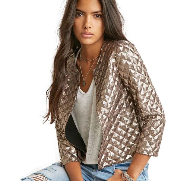

2020 brand new spring style vogue lozenge women gold sequins jackets three quater sleeve fashion coats outwears, Black;brown
