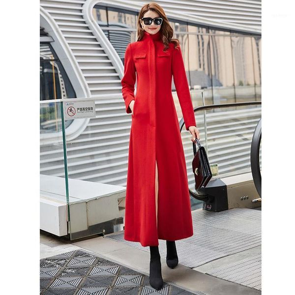 

women 2020 winter new fashion long woolen coat female stand collar zipper plus size outwear ladies warm slim overcoats l411, Black