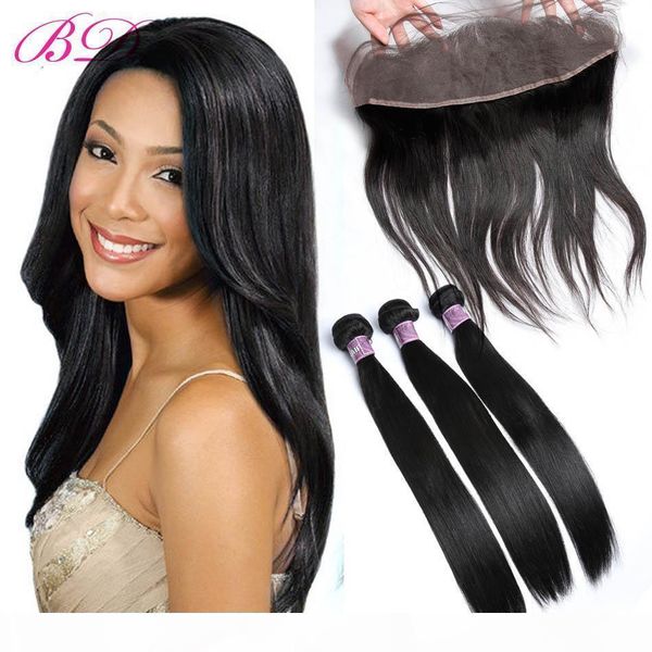 

bd straight lace frontal human hair extensions 13*4.5 lace size within three bundles human hair weaving, Black;brown