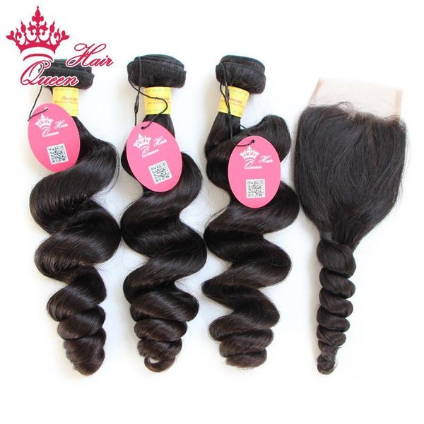 

queen hair 4pcs lot 100% peruvian virgin hair extensions weft human loose weave 3pcs hair bundle + 1pc lace closure, Black