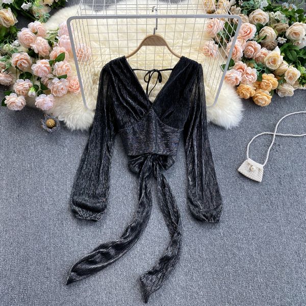 

2021 new female design blouse puff sleeves solid short autumn fashion streetwear thin sweaters 9g8k, White