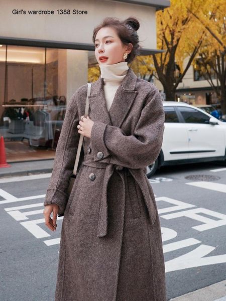 

women's wool & blends woolen coat middle long small autumn winter 2021 fashion loose british style gentle, Black