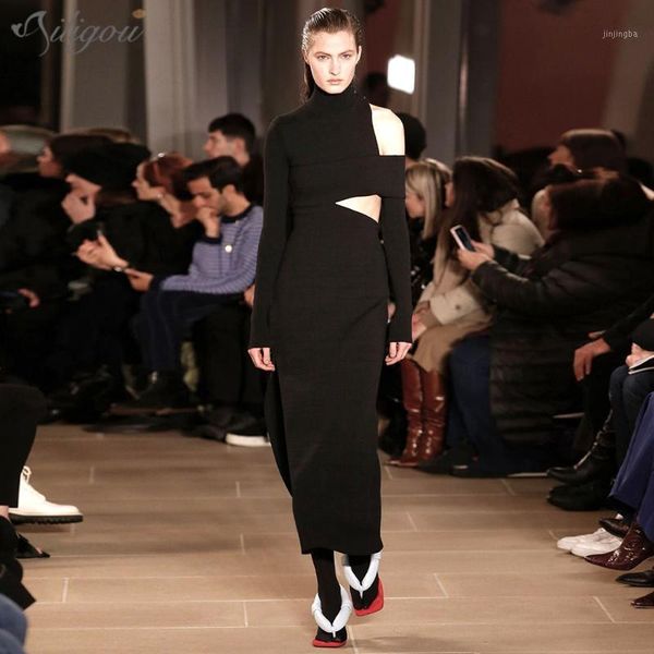 

ailigou winter new elegant long sleeve strapless hollow black midi bodycon ladies bandage dress 2020 party dress vestidos1, Black;gray