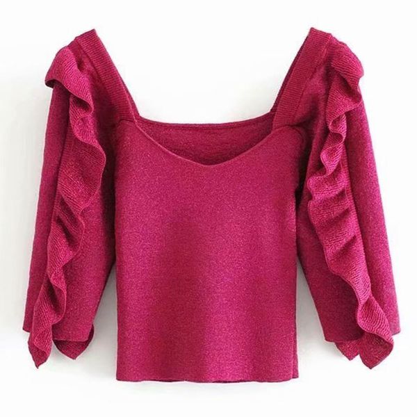 

katara fashion solid square collar sweaters women elegant sweater women fold ruffles half sleeve short sweaters ladies, White;black