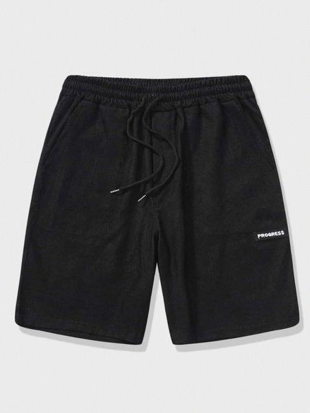 

men letter patch detail drawstring waist corduroy shorts 77l3#, Black