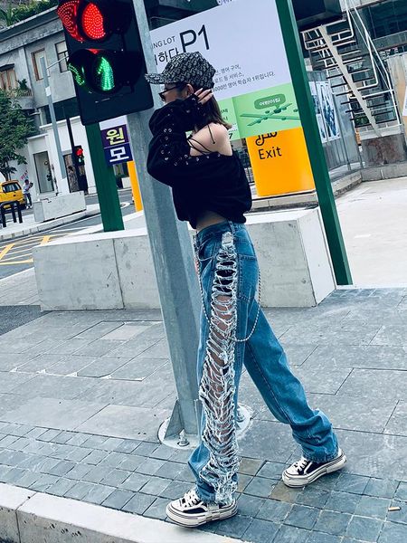 

2021 spring new side ripped jeans women loose casual pants all-match straight trousers personality jeans fashion pants, Black;white