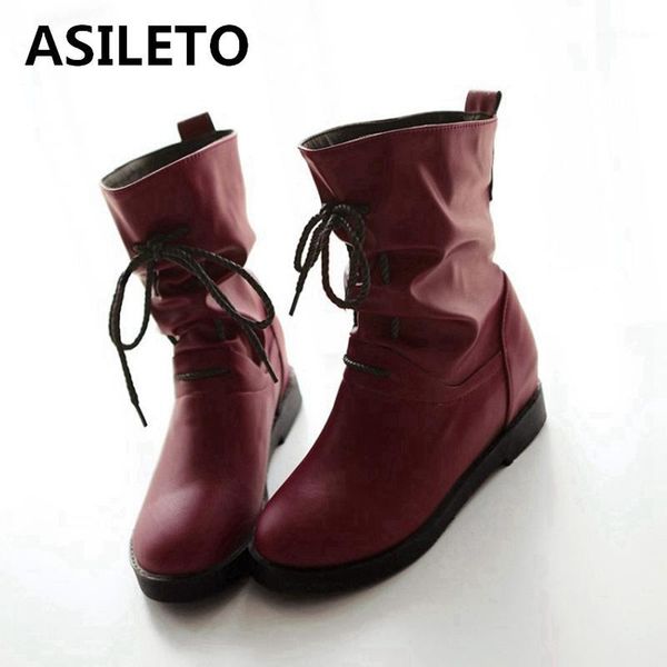 

boots asileto winter mid-calf round toe square heels pu cross-tied solid slouchy big size 34-43 black red yellow grey work s20211