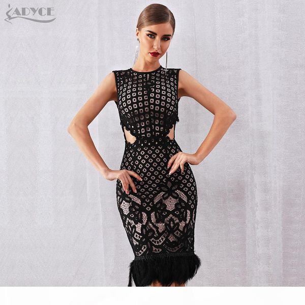 

adyce 2018 new summer bandage dress women elegant black lace sleeveless feather bodycon club dress celebrity party dresses y19012201, Black;pink
