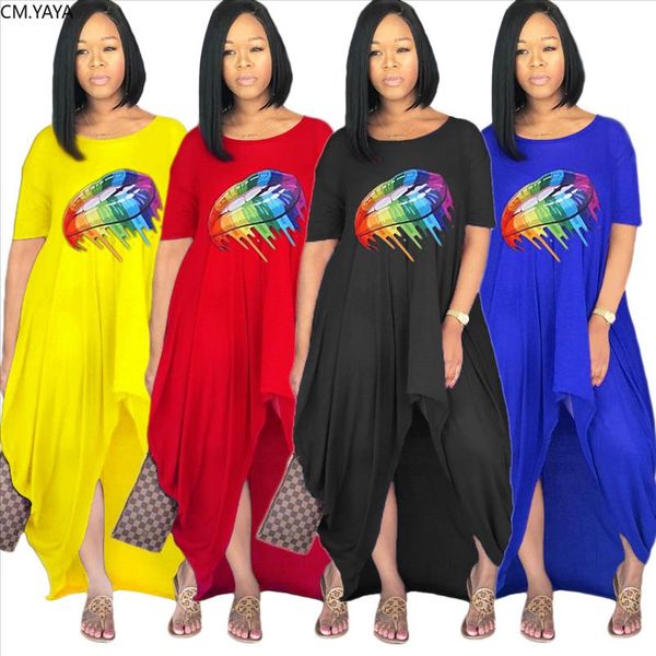 

2019 new summer autumn women o neck short sleeve mouth print irregular loose maxi dress fashion long dresses vestidos glsd0017, Black;gray