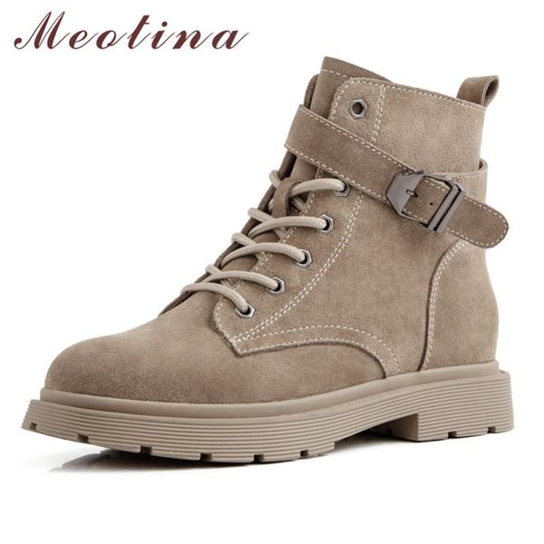 

boots meotina winter motorcycle women cow suede zipper flat ankle real leather buckle round toe shoes lady autumn size 39, Black