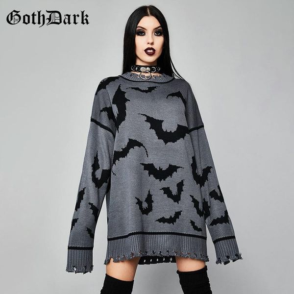 

goth dark bat graphic printed gothic oversize sweaters long sleeve loose dark grey women pullovers ruched hem fashion streetwear, White;black