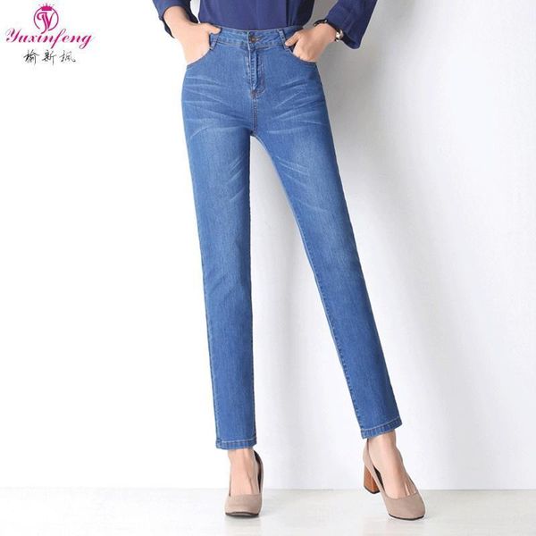 

yuxinfeng plus size jean pants women high waist stretch elastic straight casual denim pants female full length trousers black1, Blue