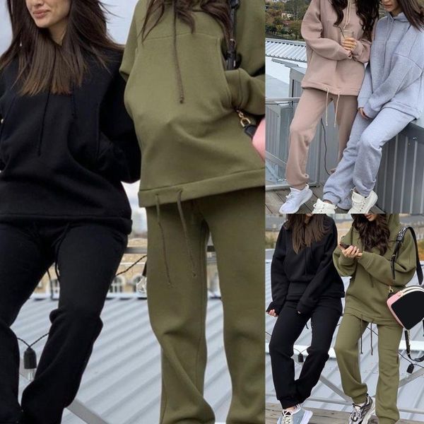

women autumn 2 pieces outfits set long sleeve large pocket oversized hooded sweatshirt drawstring jogger pants solid color sport, Gray