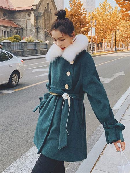 

меховой воротник шерстяной пальто леди колледж стиль 2020 зимняя куртка корейская свободная толстая бандажная тенденция пальда casaco femini, Black