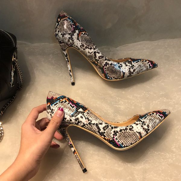 

frete 2020 moda grtis novo couro python poined toe stiletto salto alto sapato bomba de alta-salto sapatas vestido tolk, Black