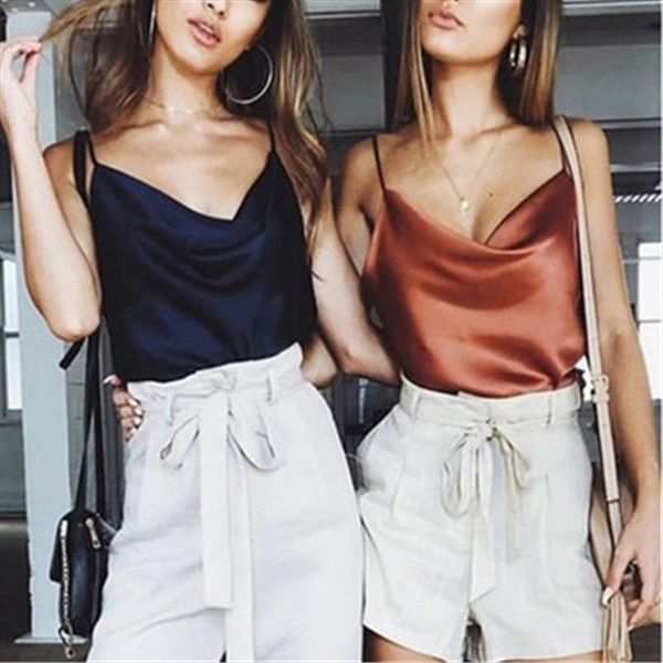 

леди сатин тонкий дикий жилет женский танк топ 2019 горячие летние топы регулируемые сексуальные базовые маленькие твердые твердые торги, White