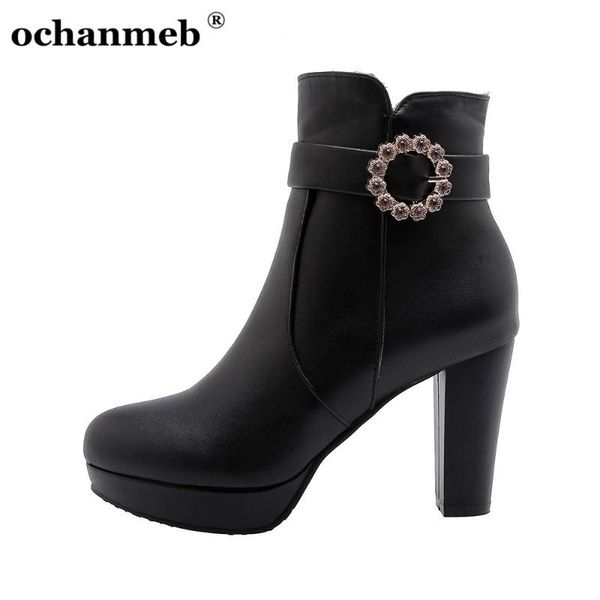 

ochanmeb rhinestone buckled platforms ankle boots lady size 34-45 thick high heels party shoes women booties zapatos de mujer, Black