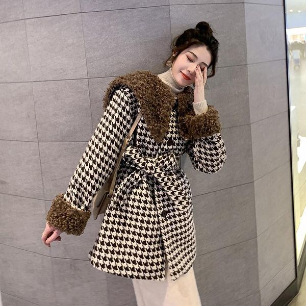 

women winter warm long style houndstooth big turn down collar slim waist woolen coat korea thermal thick jackets, Black