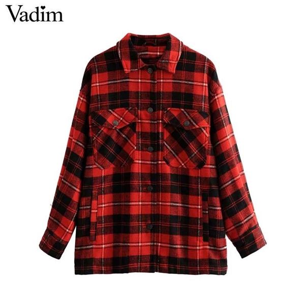

vadim women plaid oversized red jacket checkered pockets loose style long sleeve warm coat female outwear stylish ca561 y200101, Black;brown