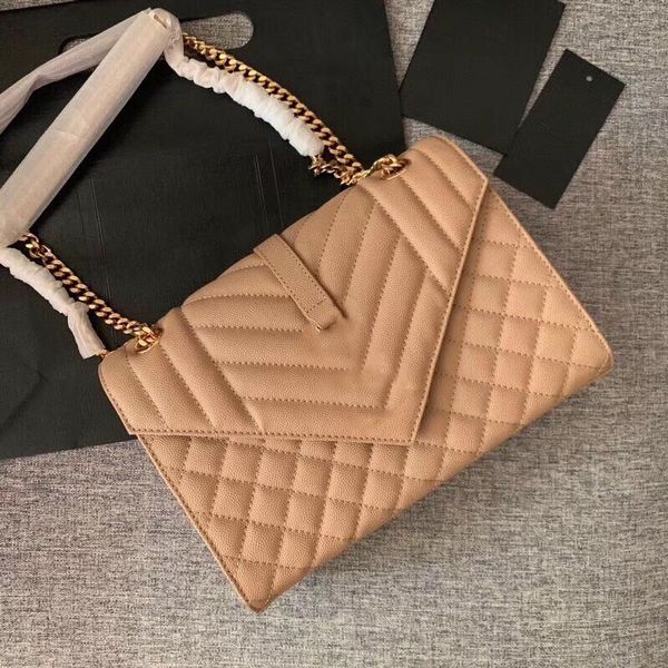 Luxuriöse Designer-Handtasche ENVELOPE aus echtem Kaviarleder, hochwertige Damentasche mit Kette, Umhängetasche, Überschlagtasche, Damenhandtasche, 24 cm, 7 Farben